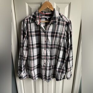 Foxcroft Women's Roll-Tab Sleeve Button-Down Black Plaid Cotton Shirt Size 14